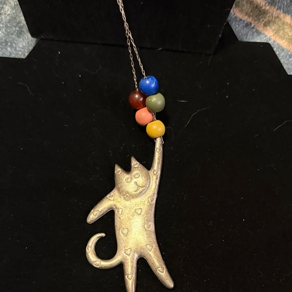 Silver Cat Pendant with Multicolor Beads